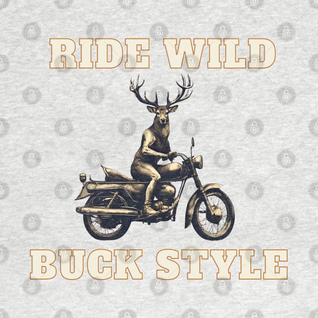 Ride Wild, Buck Style: Join Bambi on a thrilling motorcycle adventure through the wilderness! Buckle up for an adrenaline-fueled ride!" by Deckacards